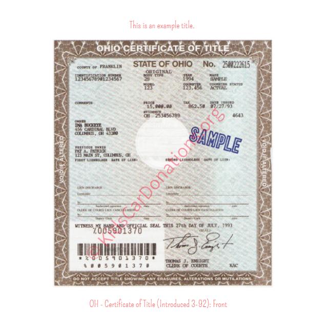 This is an Example of Ohio Certificate of Title (Introduced 3-92) Front View | Kids Car Donations